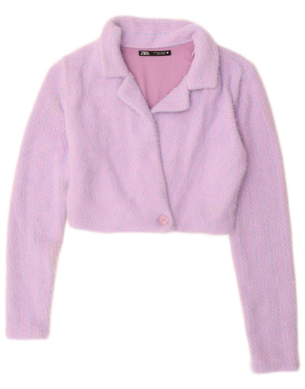Zara Womens Crop Cardigan Sweater UK 10 Small Purple Geometric