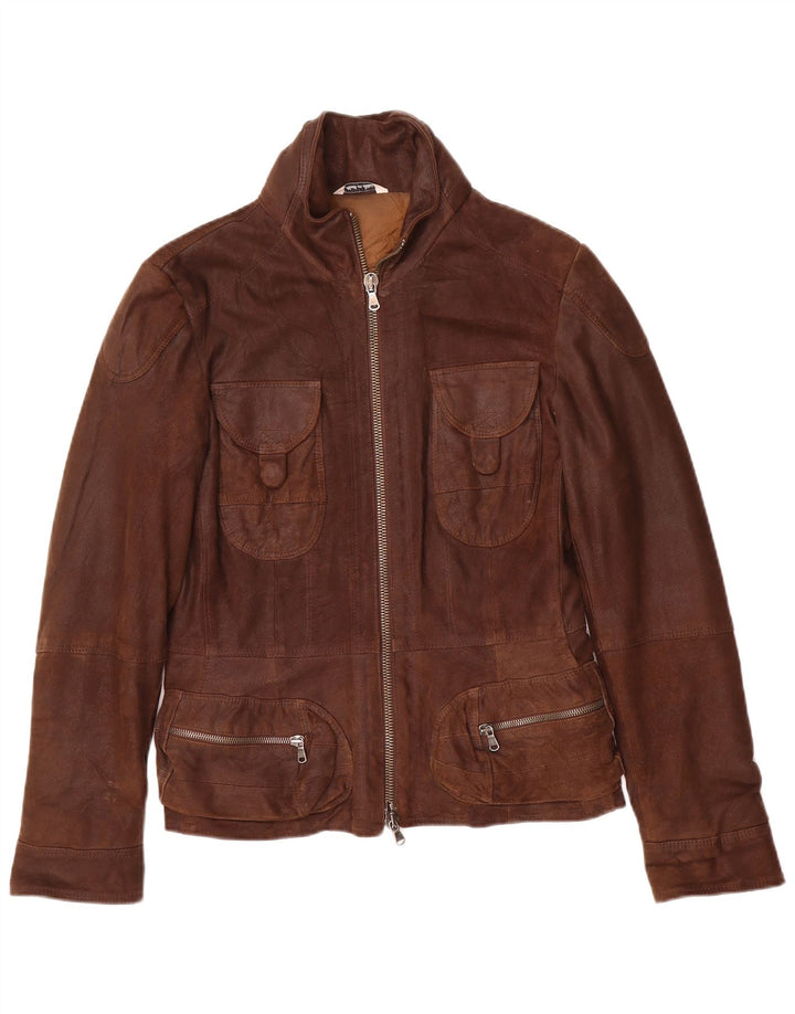 VINTAGE Womens Hooded Leather Jacket UK 12 Medium Brown