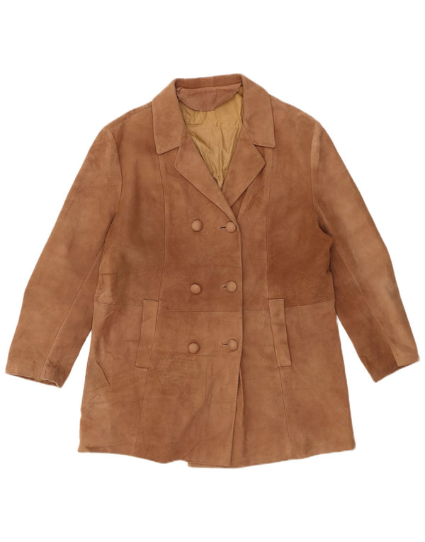 VINTAGE Womens Suede Double Breasted Coat EU 50 3XL Brown Leather
