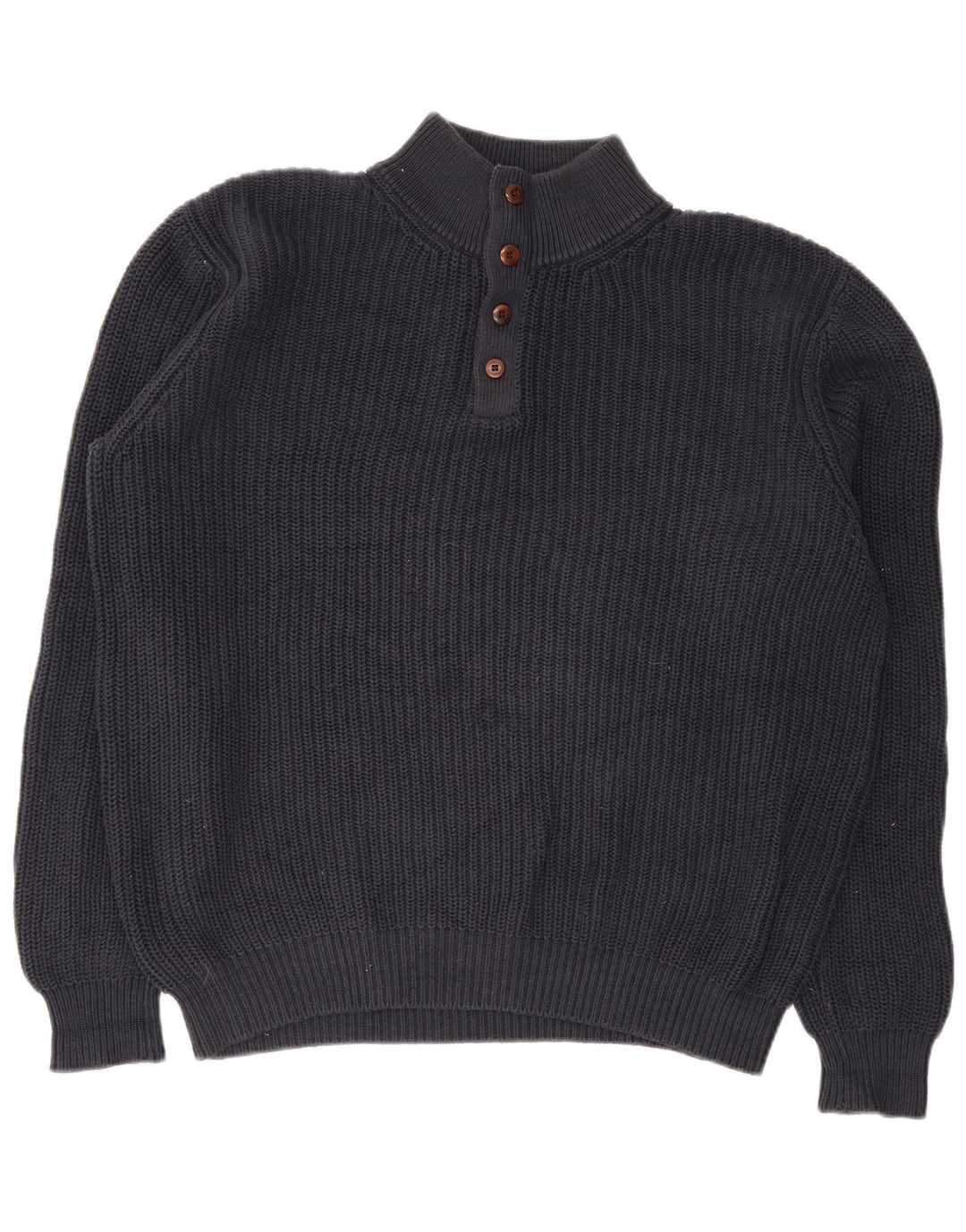 L.L.Bean Mens Button Neck Jumper Sweater Large Navy Blue Cotton