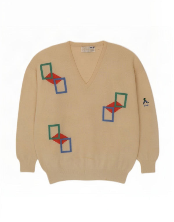 Pringle Mens V-Neck Jumper Sweater Large Beige Geometric New Wool