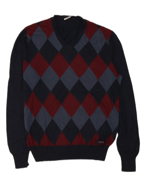 Gas Womens V-Neck Jumper Sweater UK 20 2XL Navy Blue Argyle/Diamond Viscose