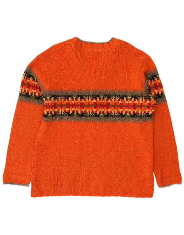 Eddie Bauer Womens Oversized V-Neck Jumper Sweater UK 6 XS Orange Fair Isle