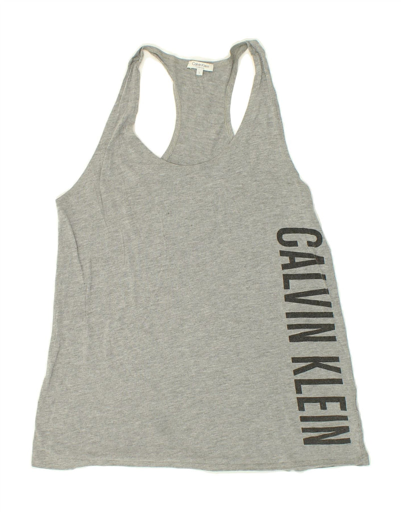 CALVIN KLEIN Womens Graphic Vest Top UK 10 Small Grey Cotton Vintage Calvin Klein and Second-Hand Calvin Klein from Messina Hembry 