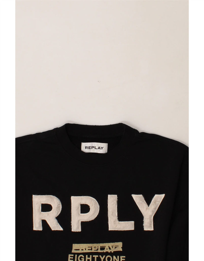 REPLAY Womens Oversized Graphic Sweatshirt Jumper UK 6 XS Black Cotton Vintage Replay and Second-Hand Replay from Messina Hembry 