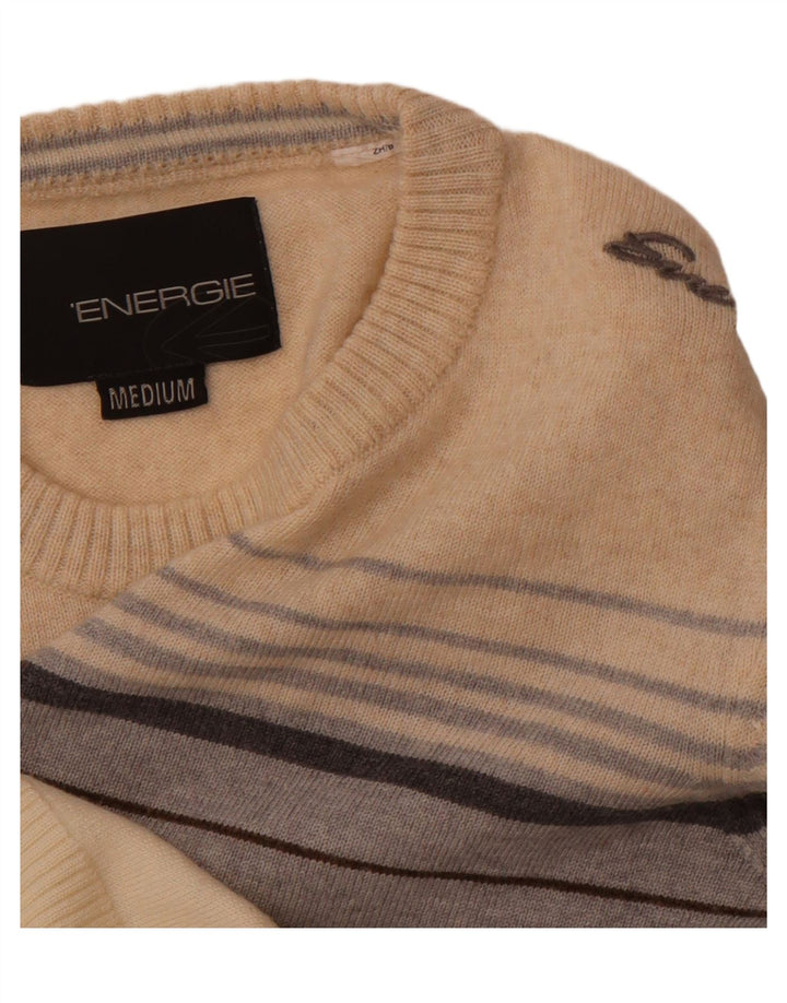 ENERGIE Mens Crew Neck Jumper Sweater Medium Beige Striped