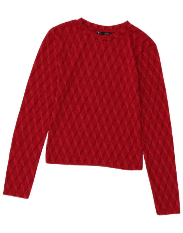 ZARA Womens Crop Top Long Sleeve UK 8 Small Pink Geometric