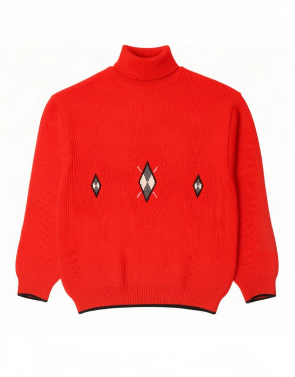Vintage Mens Roll Neck Jumper Sweater IT 46 Small Red Argyle/Diamond