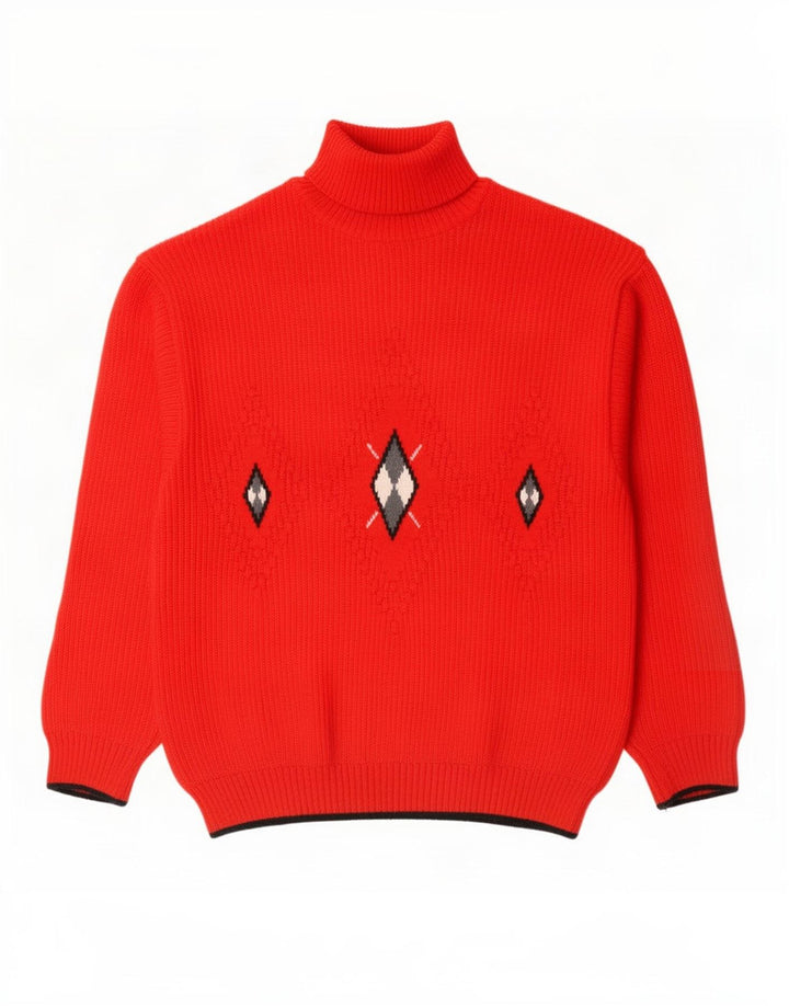 Vintage Mens Roll Neck Jumper Sweater IT 46 Small Red Argyle/Diamond