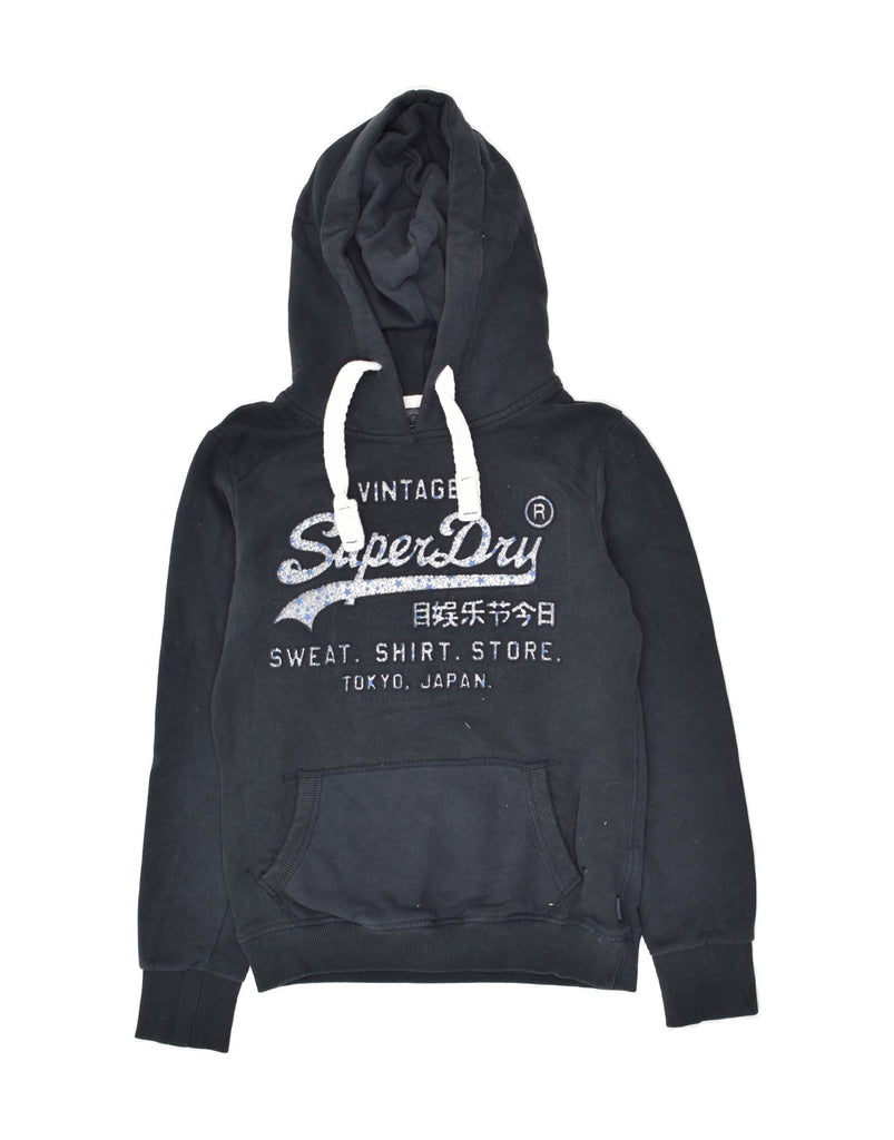 SUPERDRY Womens Graphic Hoodie Jumper UK 8 Small  Navy Blue Cotton | Vintage Superdry | Thrift | Second-Hand Superdry | Used Clothing | Messina Hembry 