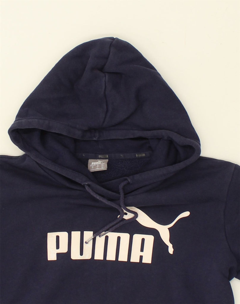 PUMA Womens Graphic Hoodie Jumper UK 12 Medium Navy Blue Cotton | Vintage Puma | Thrift | Second-Hand Puma | Used Clothing | Messina Hembry 