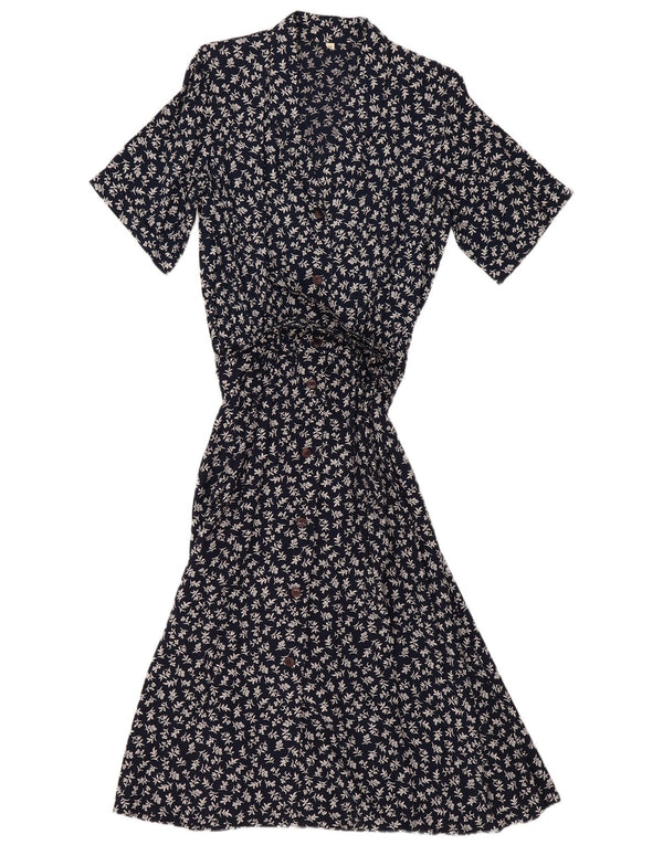 Vintage Womens Short Sleeves Shirt Dress EU 40 Medium Navy Blue Floral