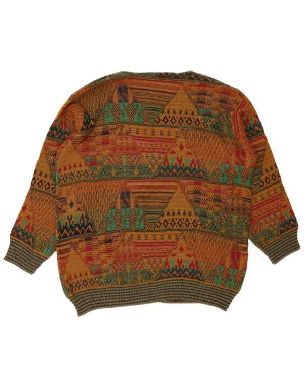 VINTAGE Mens V-Neck Jumper Sweater Medium Multicoloured Geometric Wool