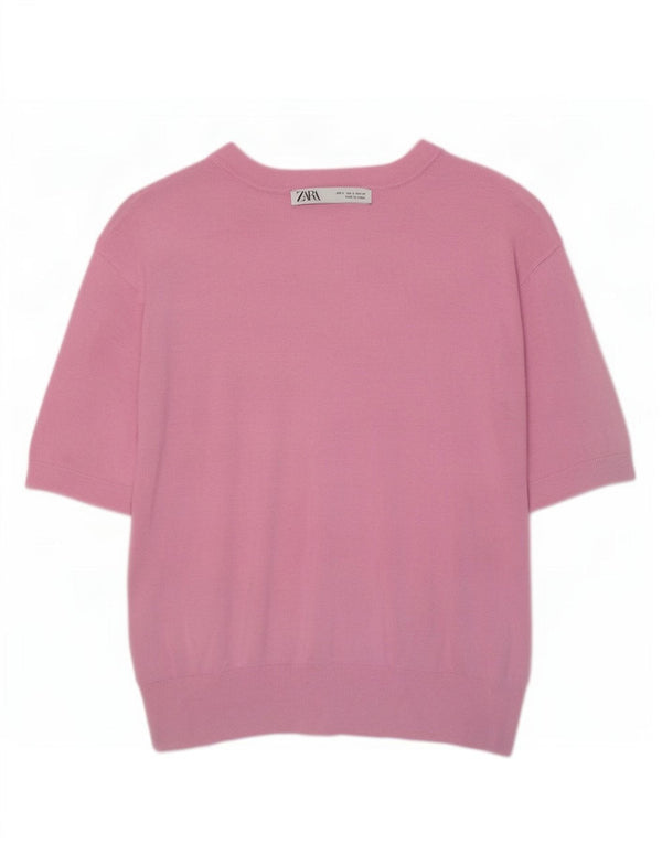 Zara Womens Crop Short Sleeve Boat Neck Jumper Sweater UK 10 Small Pink