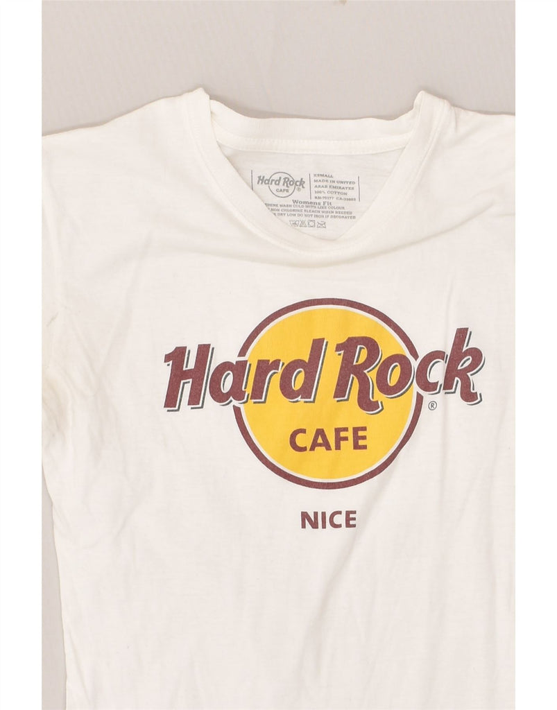 HARD ROCK CAFE Womens Nice Graphic T-Shirt Top UK 6 XS White Cotton | Vintage Hard Rock Cafe | Thrift | Second-Hand Hard Rock Cafe | Used Clothing | Messina Hembry 