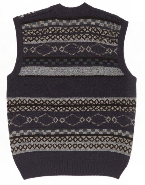 Canda Mens By C&A Sleeveless Cardigan Sweater Medium Navy Blue Geometric