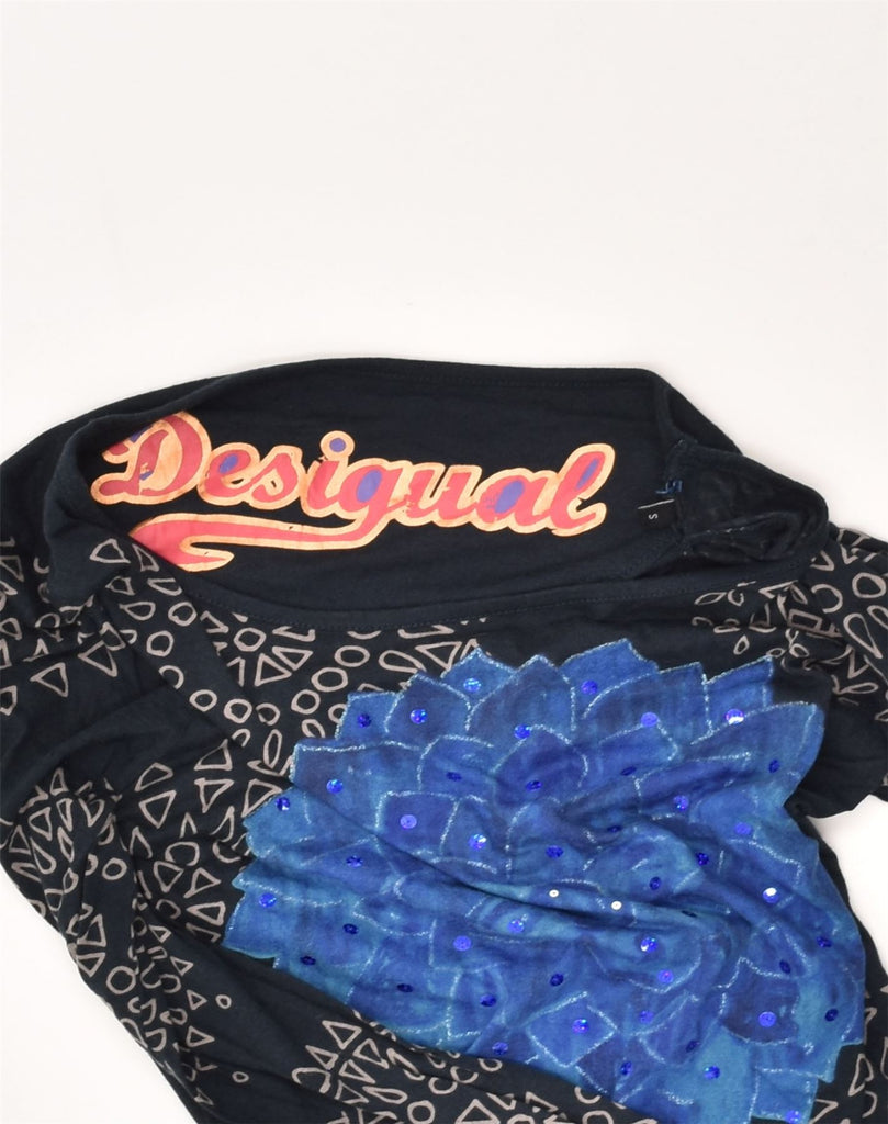 DESIGUAL Womens Graphic Top Long Sleeve UK 10 Small Navy Blue Floral | Vintage Desigual | Thrift | Second-Hand Desigual | Used Clothing | Messina Hembry 