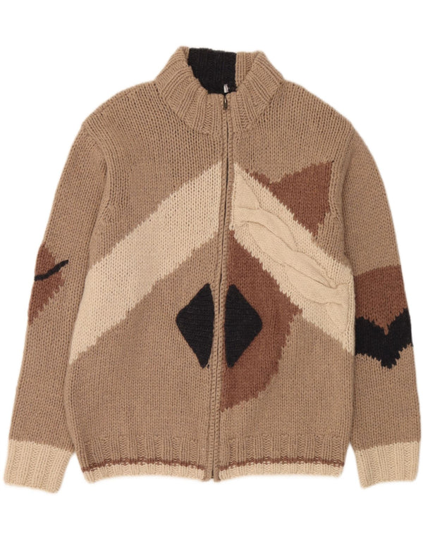 Fatto a Mano Mens Full Zip Cardigan Sweater Large Beige Colourblock Wool