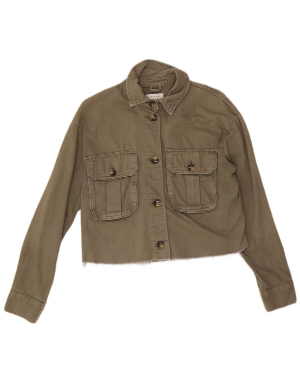 Topshop Womens Crop Oversized Denim Jacket UK 6 XS Khaki Cotton