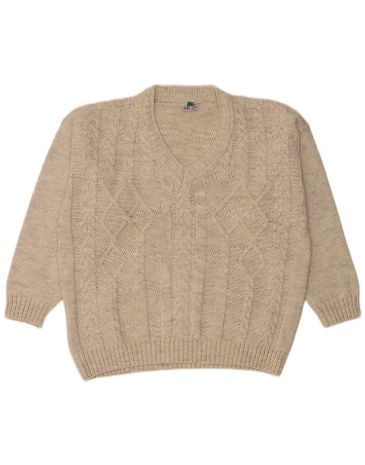 Vintage Mens V-Neck Jumper Sweater XL Beige Wool