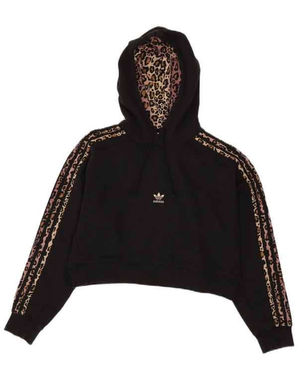 Adidas Womens Crop Oversized Hoodie Jumper UK 10 Small Black Animal Print