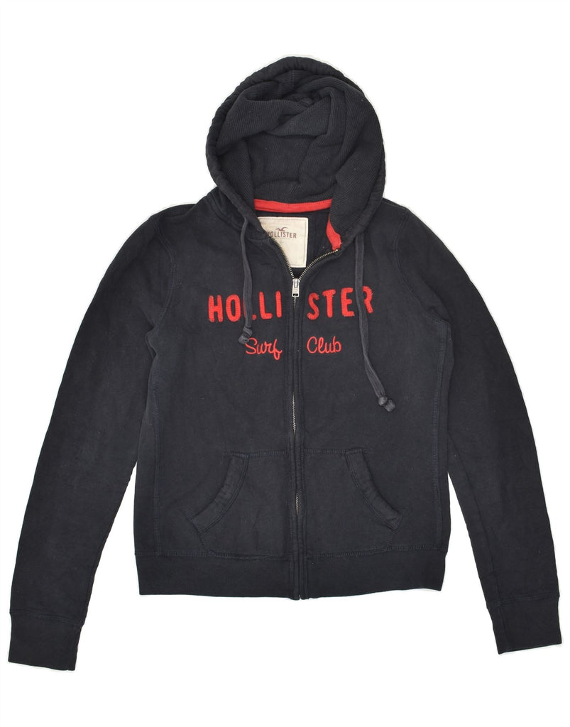 HOLLISTER Womens Graphic Zip Hoodie Sweater UK 14 Large Navy Blue Cotton | Vintage Hollister | Thrift | Second-Hand Hollister | Used Clothing | Messina Hembry 