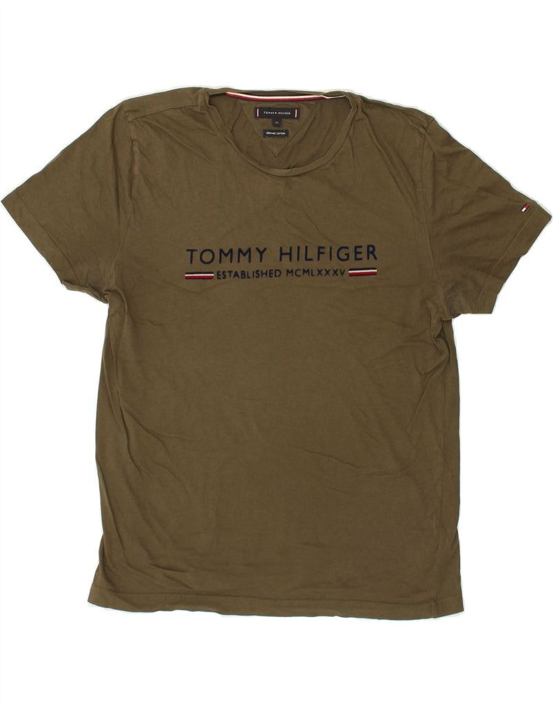 TOMMY HILFIGER Mens Slim Graphic T-Shirt Top XL Khaki Cotton Vintage Tommy Hilfiger and Second-Hand Tommy Hilfiger from Messina Hembry 