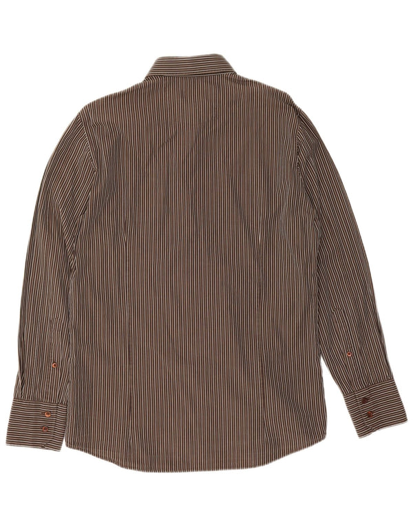 Hugo Boss Mens Shirt Medium Brown Pinstripe Cotton