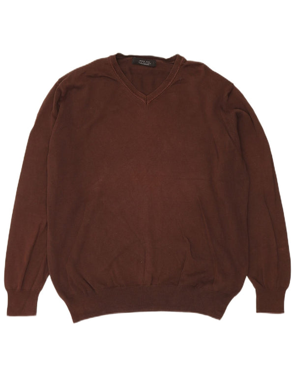 Zara Mens V-Neck Jumper Sweater XL Brown Cotton