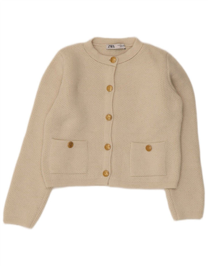 Zara Womens Crop Cardigan Sweater UK 12 Medium Beige Acrylic