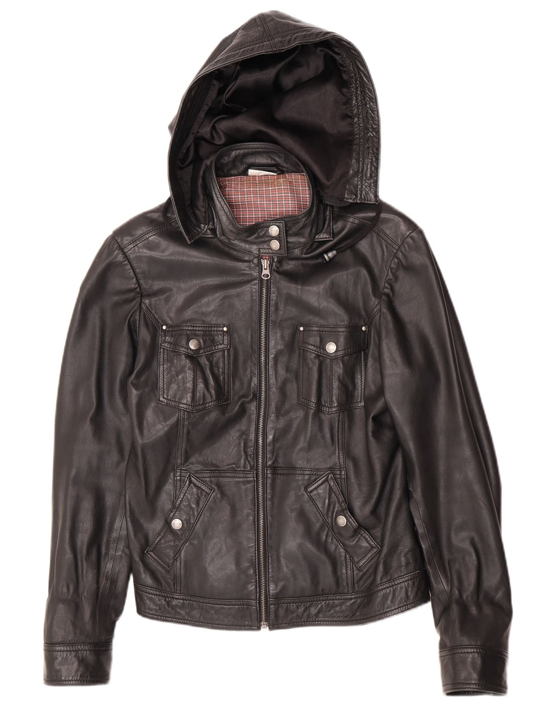 Street One Womens Hooded Leather Jacket UK 14 Medium Black Leather