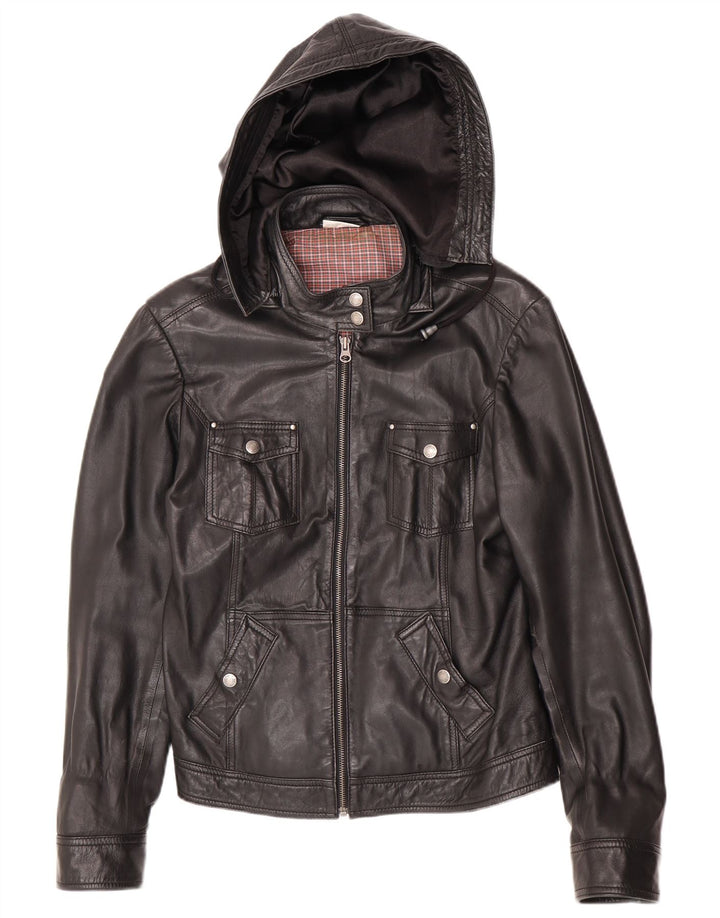 Street One Womens Hooded Leather Jacket UK 14 Medium Black Leather