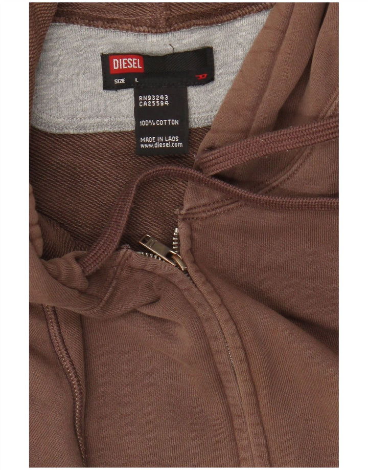 Diesel Womens Graphic Zip Hoodie Sweater Large Brown Cotton