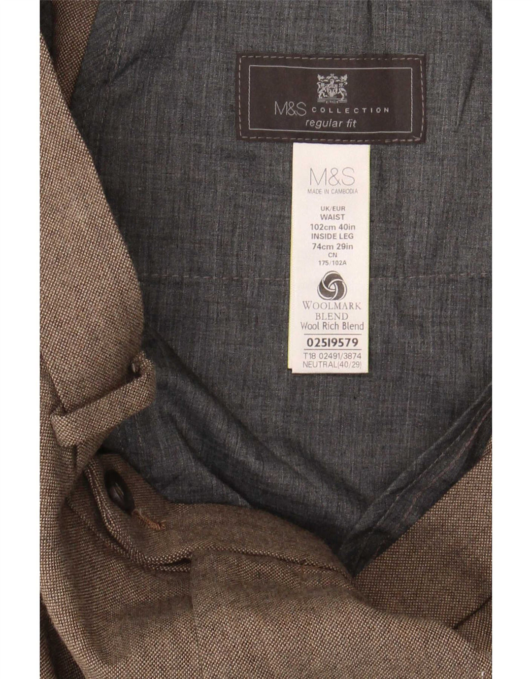 Marks & Spencer Mens Regular Fit Suit Trousers W40 L29 Beige Polyester