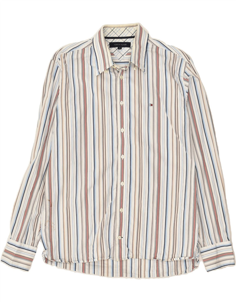 TOMMY HILFIGER Mens Shirt Medium White Striped Cotton | Vintage Tommy Hilfiger | Thrift | Second-Hand Tommy Hilfiger | Used Clothing | Messina Hembry 