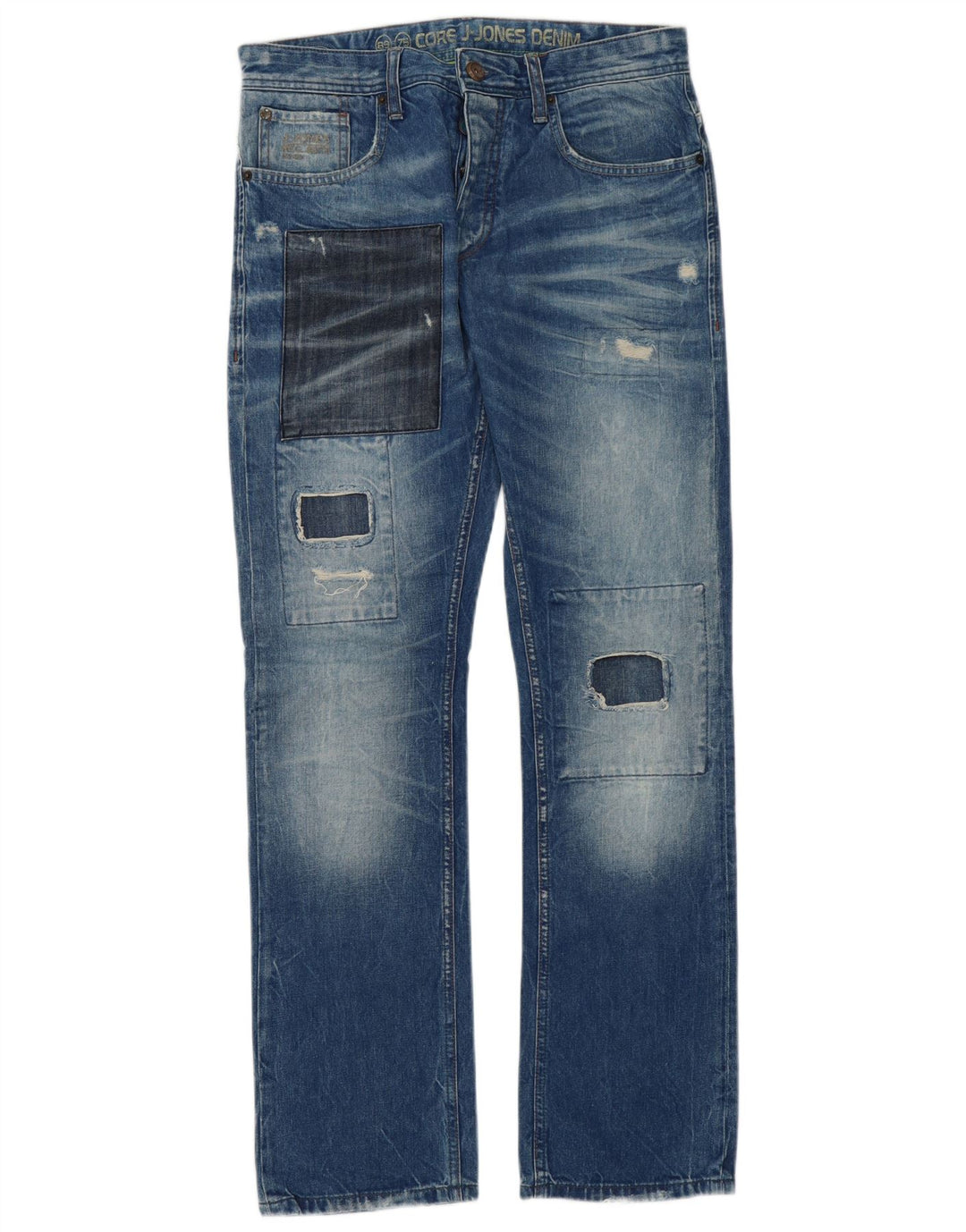 Jack & Jones Mens Distressed Straight Jeans W32 L34 Blue Patchwork Cotton