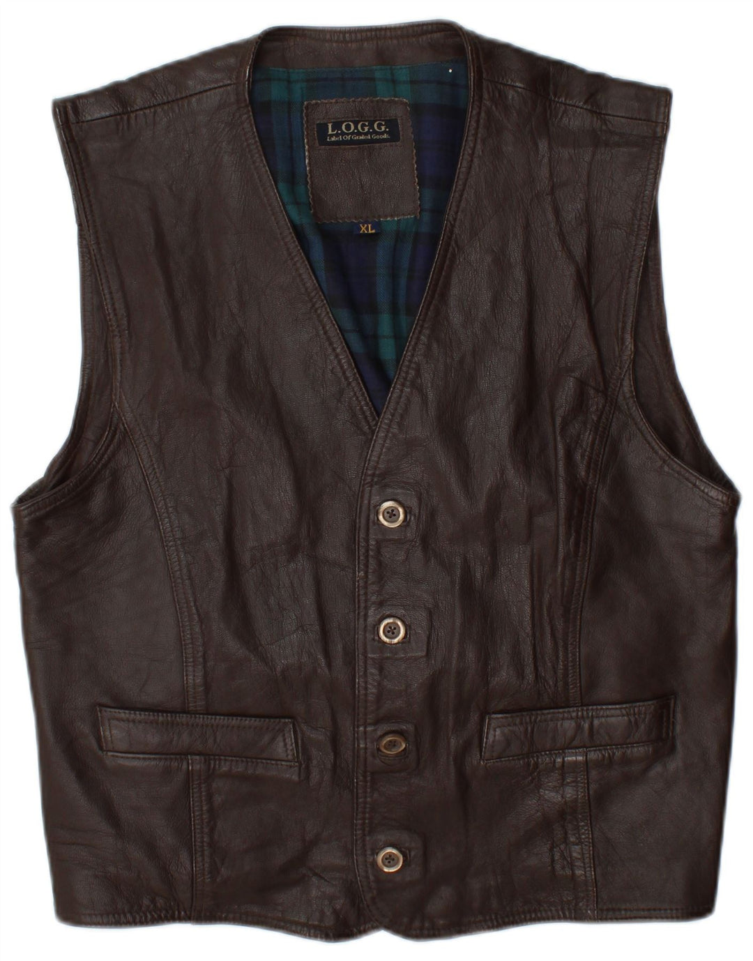 L.O.G.G Mens Leather Waistcoat XL Brown Check Leather