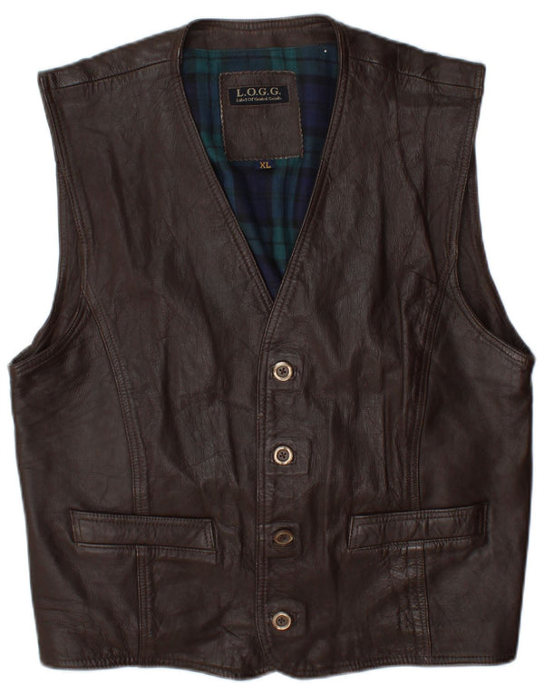L.O.G.G Mens Leather Waistcoat XL Brown Check Leather