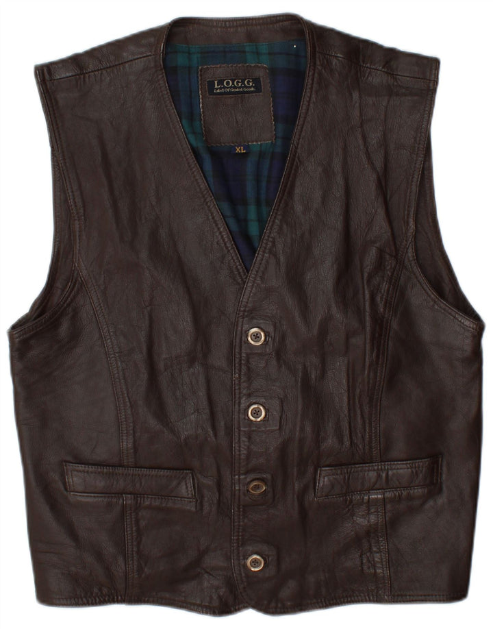 L.O.G.G Mens Leather Waistcoat XL Brown Check Leather