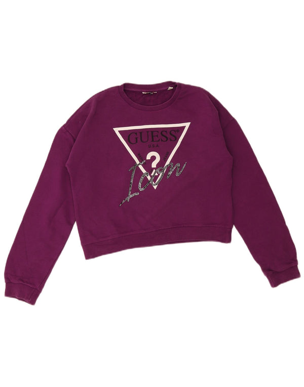 GUESS Girls Crop Graphic Sweatshirt Jumper 15-16 Years Purple Cotton