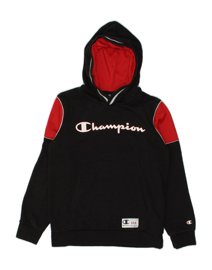 CHAMPION Boys Graphic Hoodie Jumper 11-12 Years Black Colourblock Cotton | Vintage Champion | Thrift | Second-Hand Champion | Used Clothing | Messina Hembry 