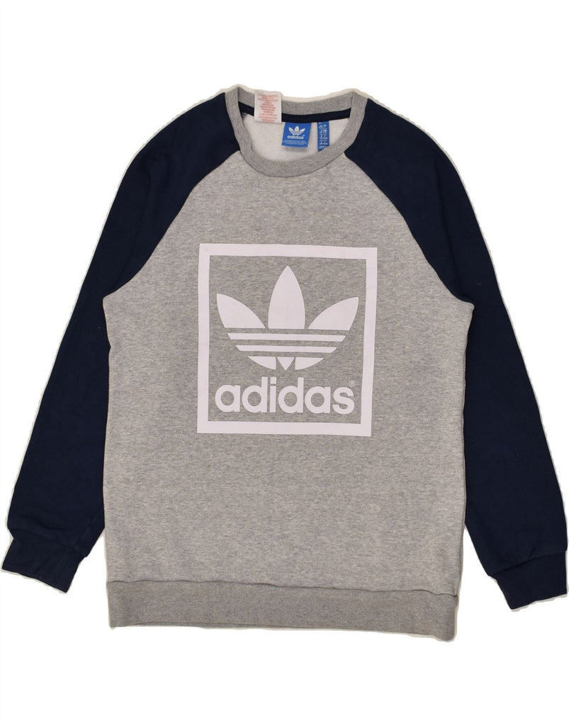 ADIDAS Boys Graphic Sweatshirt Jumper 13-14 Years Grey Colourblock Cotton | Vintage Adidas | Thrift | Second-Hand Adidas | Used Clothing | Messina Hembry 