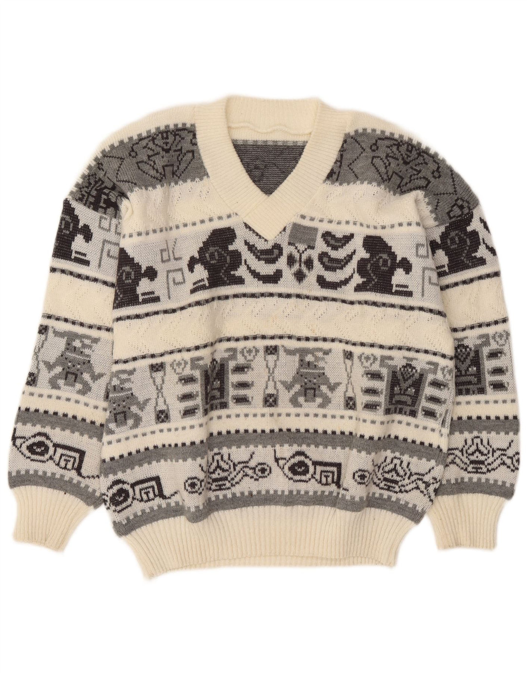 Vintage Mens V-Neck Jumper Sweater Large Off White Geometric
