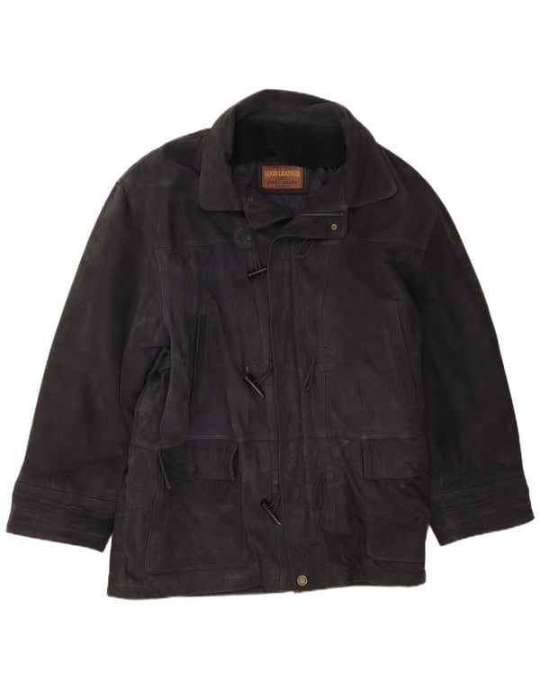 James Dillon Mens Suede Duffle Jacket UK 42 XL Navy Blue Leather