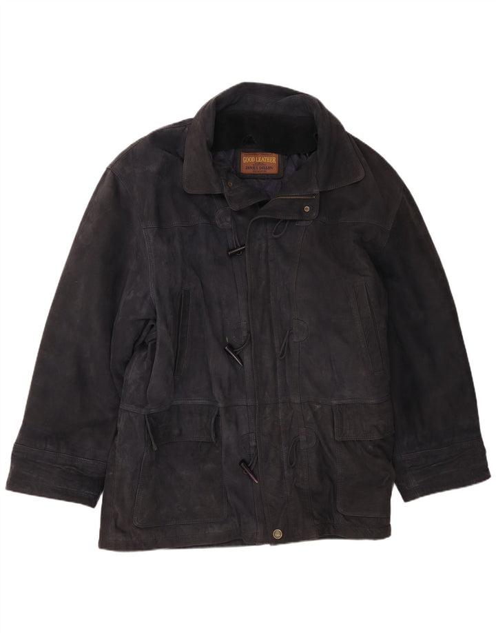 James Dillon Mens Suede Duffle Jacket UK 42 XL Navy Blue Leather