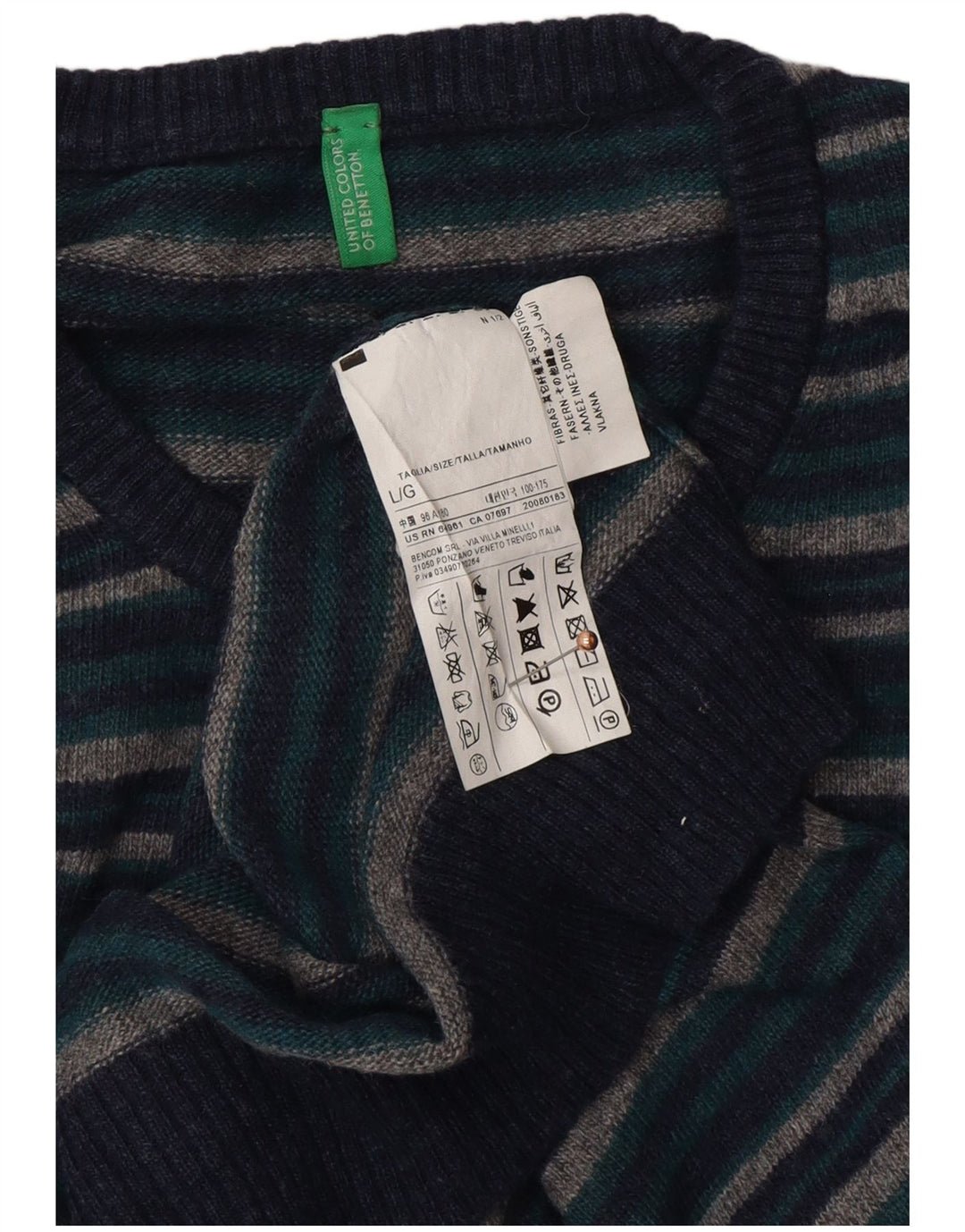 BENETTON Mens Crew Neck Jumper Sweater Large Navy Blue Striped Wool