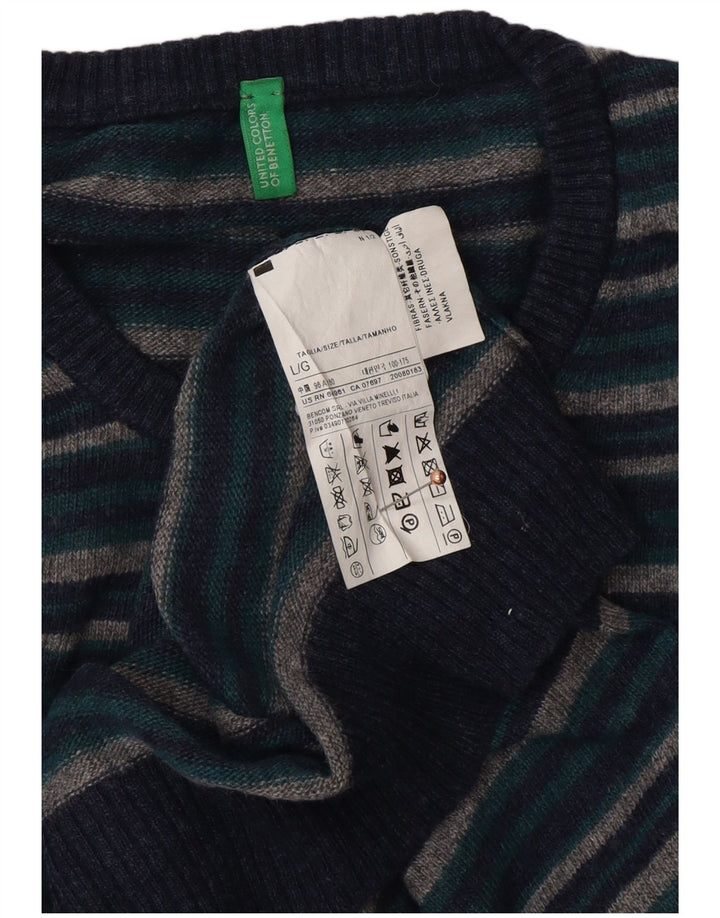 BENETTON Mens Crew Neck Jumper Sweater Large Navy Blue Striped Wool