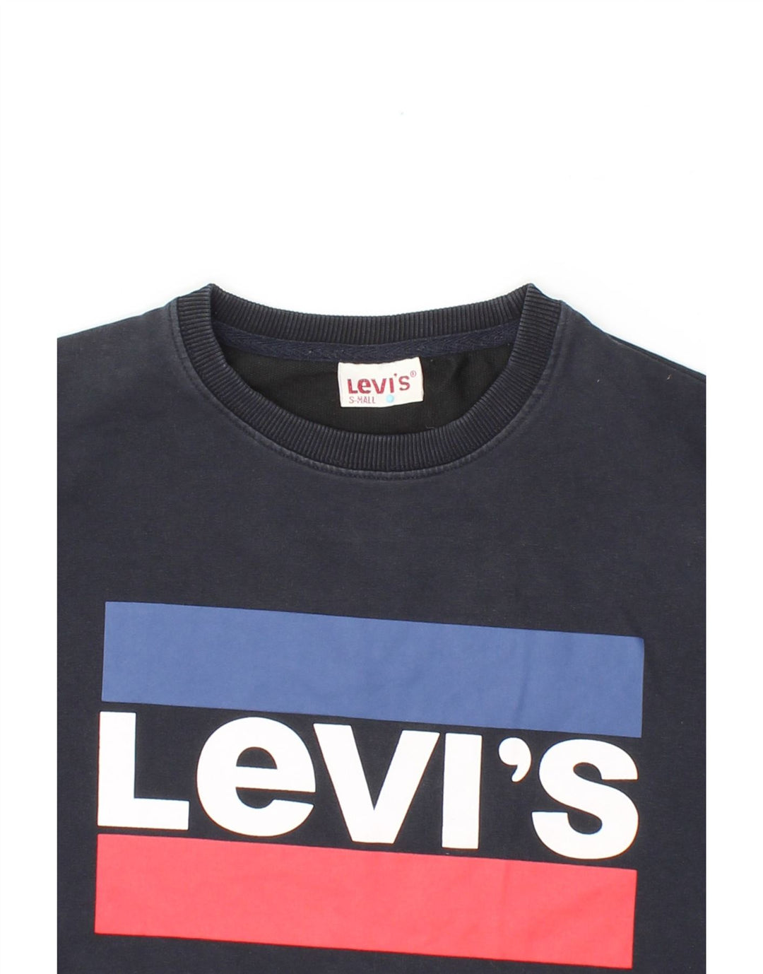 LEVI'S Womens Graphic Sweatshirt Jumper UK 10 Small Navy Blue Cotton Vintage Levi's and Second-Hand Levi's from Messina Hembry 