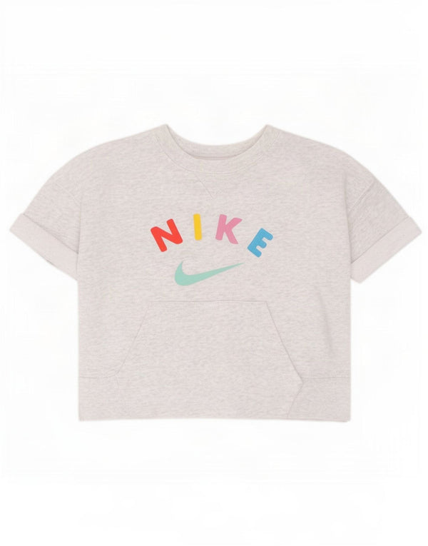 Nike Girls Crop Graphic T-Shirt Top 8-9 Years Small Grey Flecked Cotton