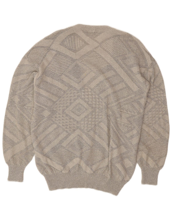 VINTAGE Mens Cardigan Sweater Large Grey Geometric Cotton